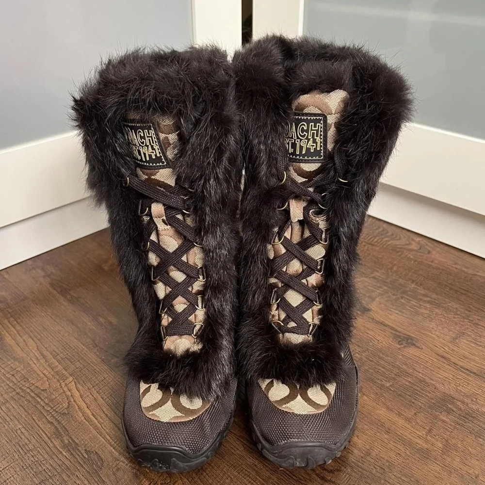 Coach Monogram Ankle Winter Boots with Black Faux Fur Cuff